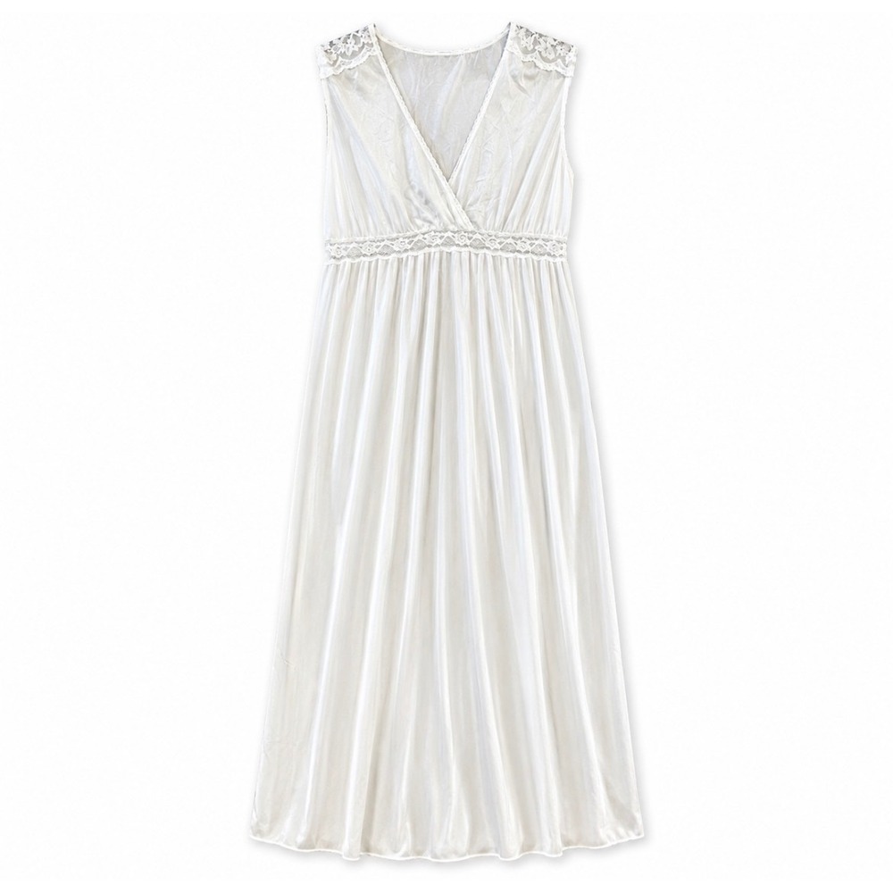 VTG White Nylon Nightgown Lace Trim Empire Waist Sleeveless Bridal Cottagecore M